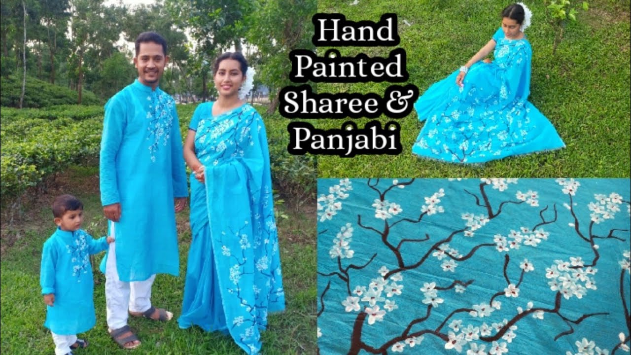 Family Matching Hand painted Outfit  Tutorial | Couple Saree And panjabi Tutorial | Tamanna Nasir