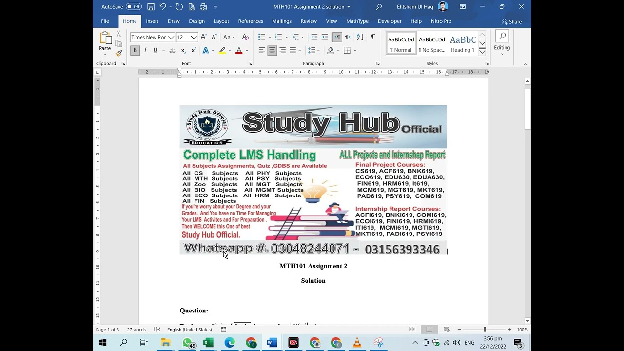 MTH101 Assignment 2 Solution Fall 2022, MTH101 Assignment 2 solution 2022, MTH101 assig 2 solution