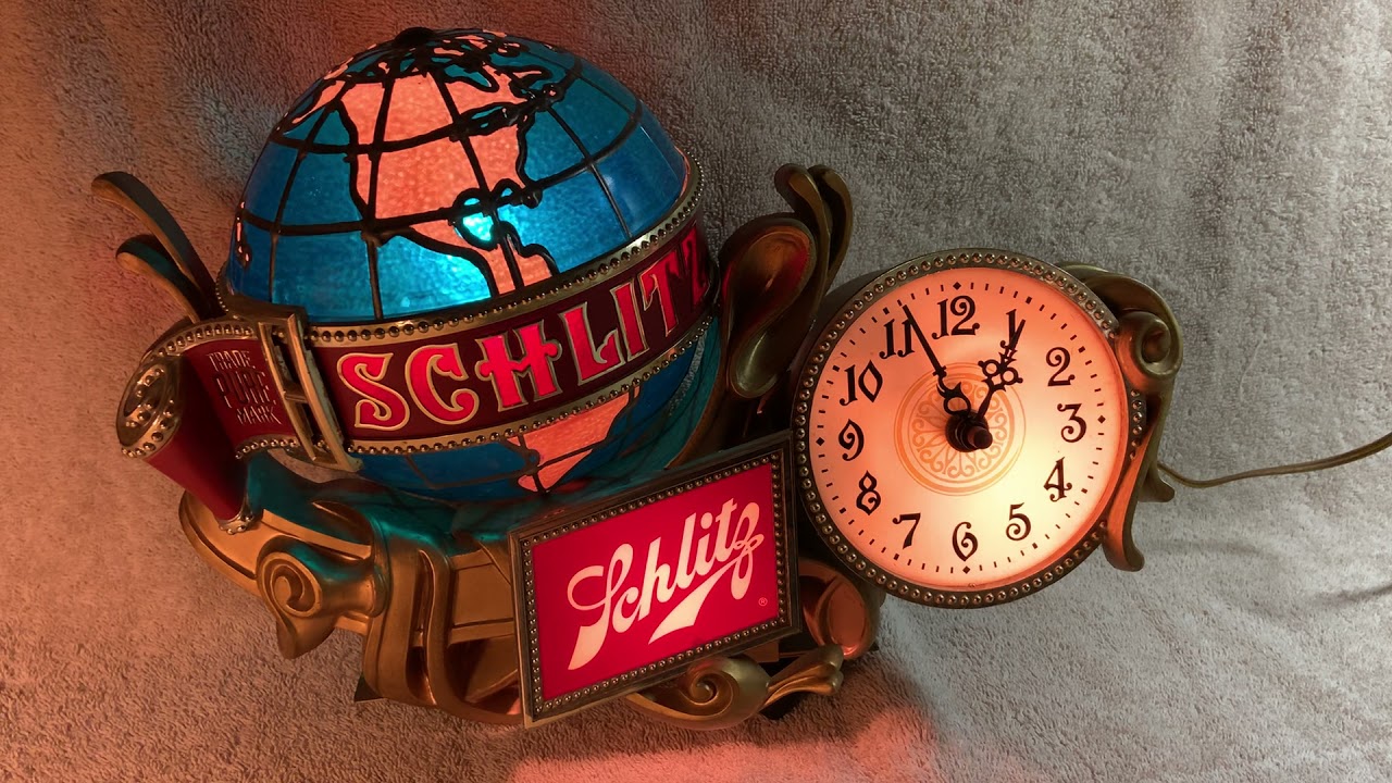 Schlitz Beer Advertising Lighted Sign with Rotating Globe & Working Clock ©1976   01