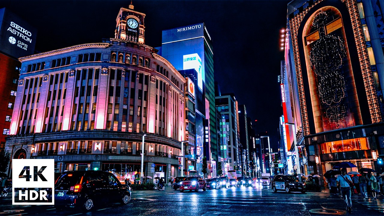 Rainy night in Ginza, Tokyo | 4K HDR with Binaural Japanese Sounds