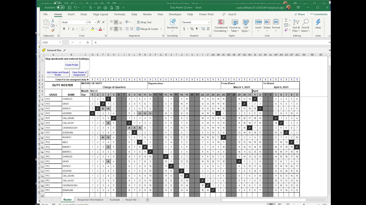 Automated Excel Army Duty Roster Quick Overview