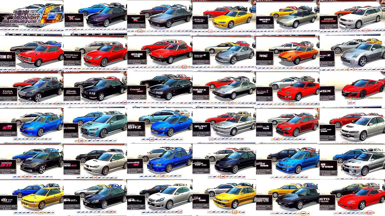 【湾岸ミッドナイト6】国産車、全台買ってみた。日産,スバル,三菱,ホンダ編 ドレスアップパーツAにもしてみた。GT-R WRX lancer nsx nissan honda subaru car