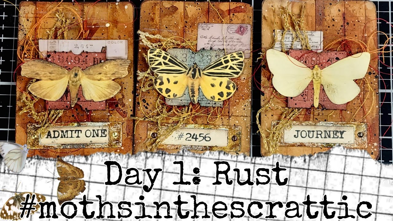 #mothsinthescrattic Day 1 - Rust.- Faux Embossed Rusted Painted Labels  ATCs - Artist Trading Cards 