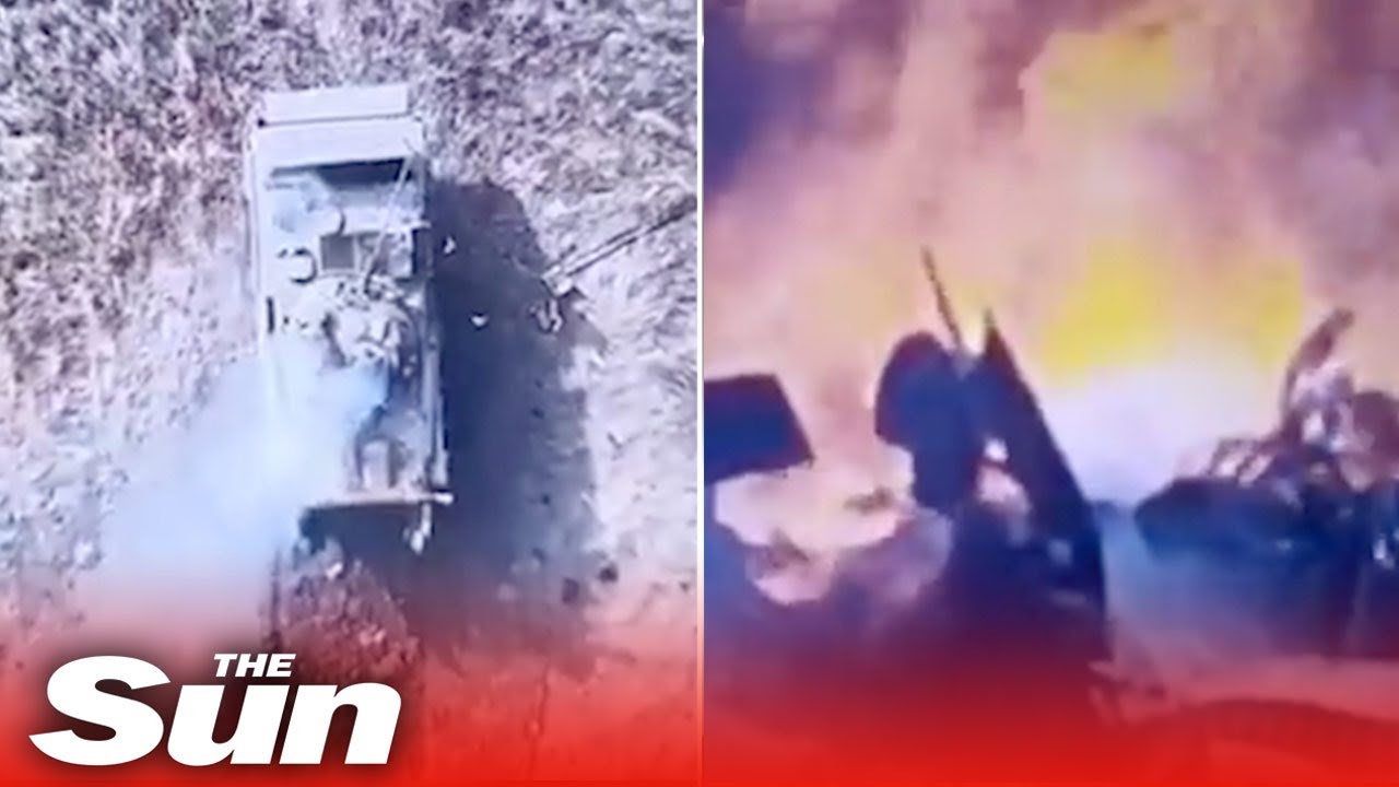 Ukrainian drone drops bomb into Russian tank hatch causing it to explode into pieces