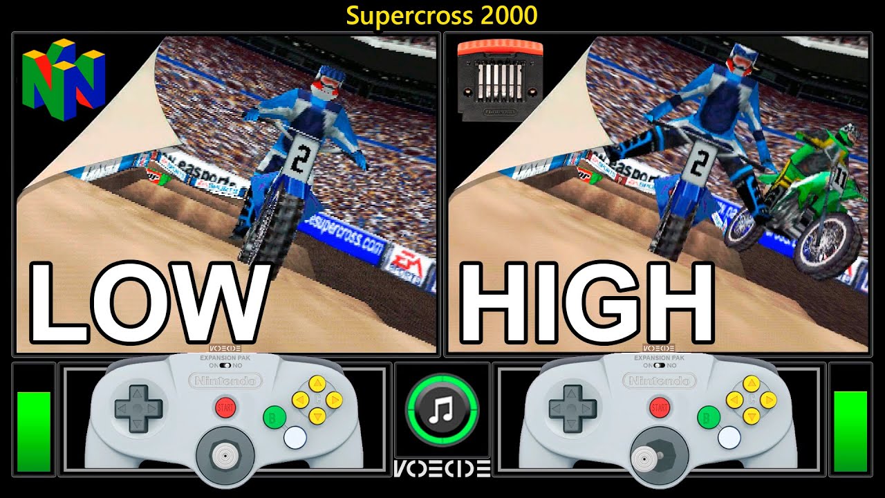 EA Sports Supercross 2000 (Nintendo 64 vs Nintendo 64 w/ Expansion Pak) Real Hardware Comparison