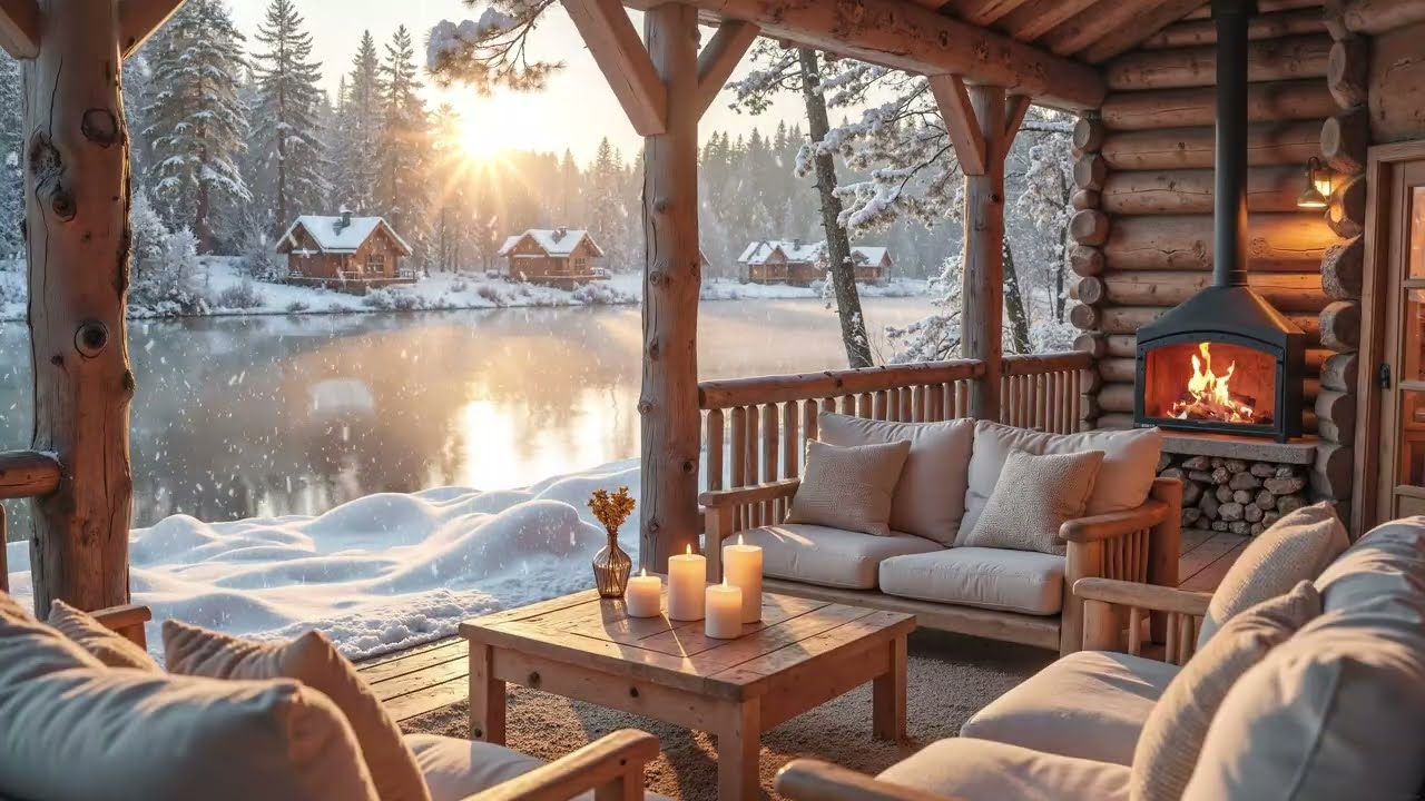 This Winter Riverside Porch Campfire and Relaxing Piano❄️ Fireplace & Falling Snow for Work & Study