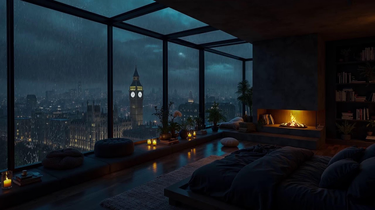 Midnight Rainstorm in New York City 💤 Relaxing Indoor Rain Sounds & Fireplace Crackling For Sleeping