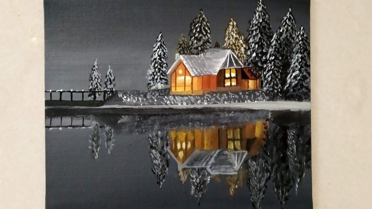Black & White / Easy  Snowy Winter night Landscape Painting for beginners /Acrylic Painting Techniqu