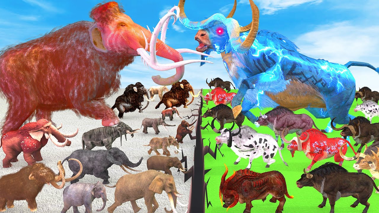 10 Woolly Mammoth Mastodon Elephant  vs 10 Giant Big Bulls Prehistoric Animals Epic Battle Simulator