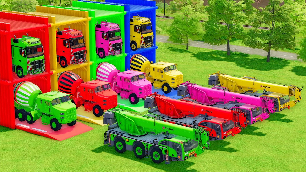Garage with Colors - ALL MIXER TRUCK WITH DOUBLE FLATBED TRAILER TRUCK, MERCEDES, OSHKOSH, TEREX