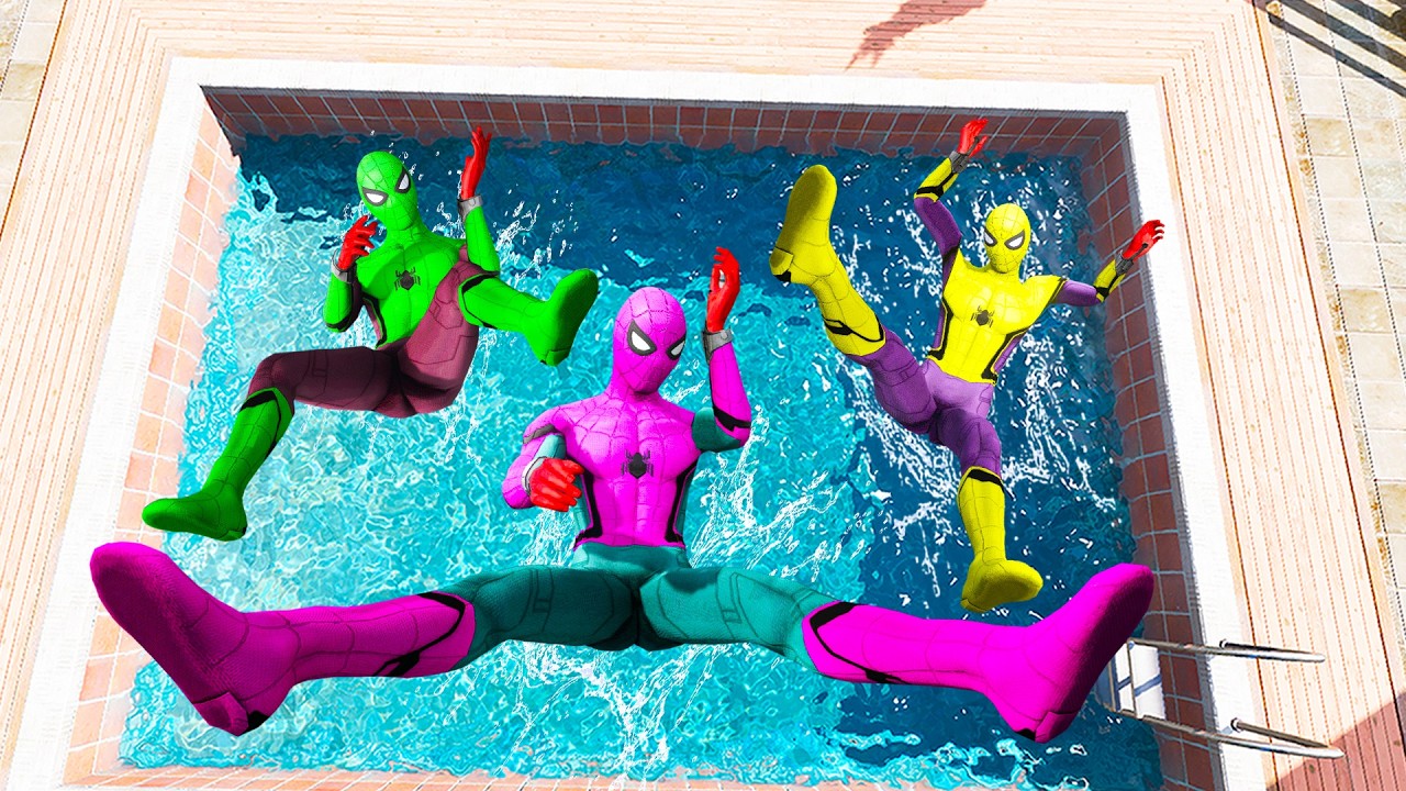 GTA 5 Rainbow Pink Vs Green & yellow Spiderman Jumping Into Pool (Euphoria Physics/Ragdolls) #1