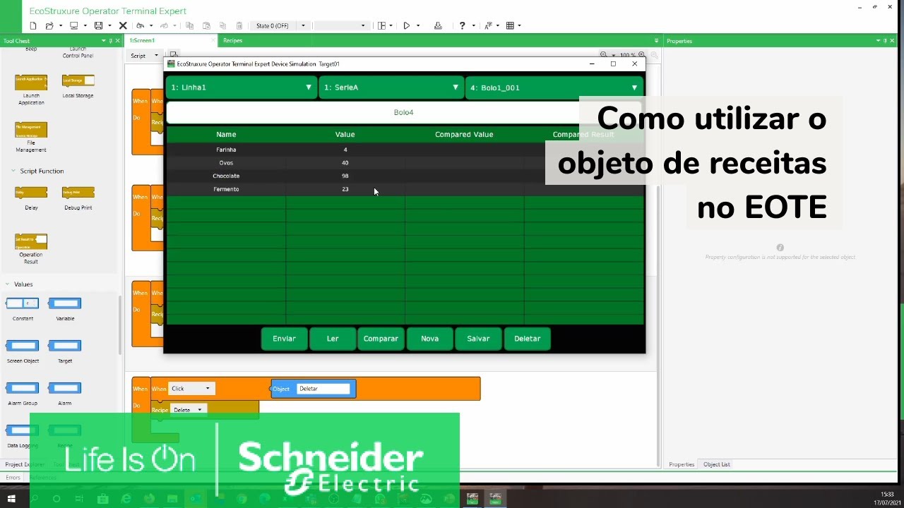 Como utilizar o objeto de receitas no EOTE | Schneider Electric Brasil