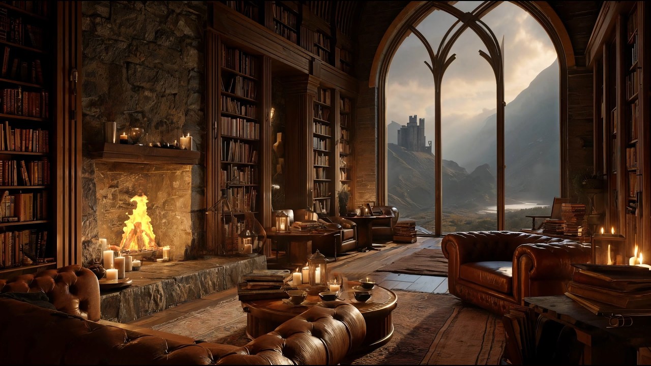 Scottish Castle Library Ambience | Celtic Music & Cozy Fireplace | 4K