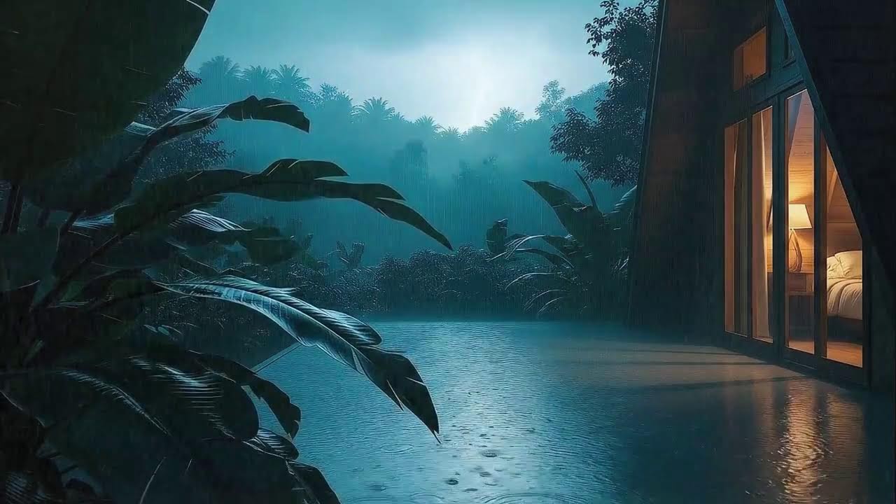 Tropical Cabin Rain Night with Soft Thunder Resonance 🌧️