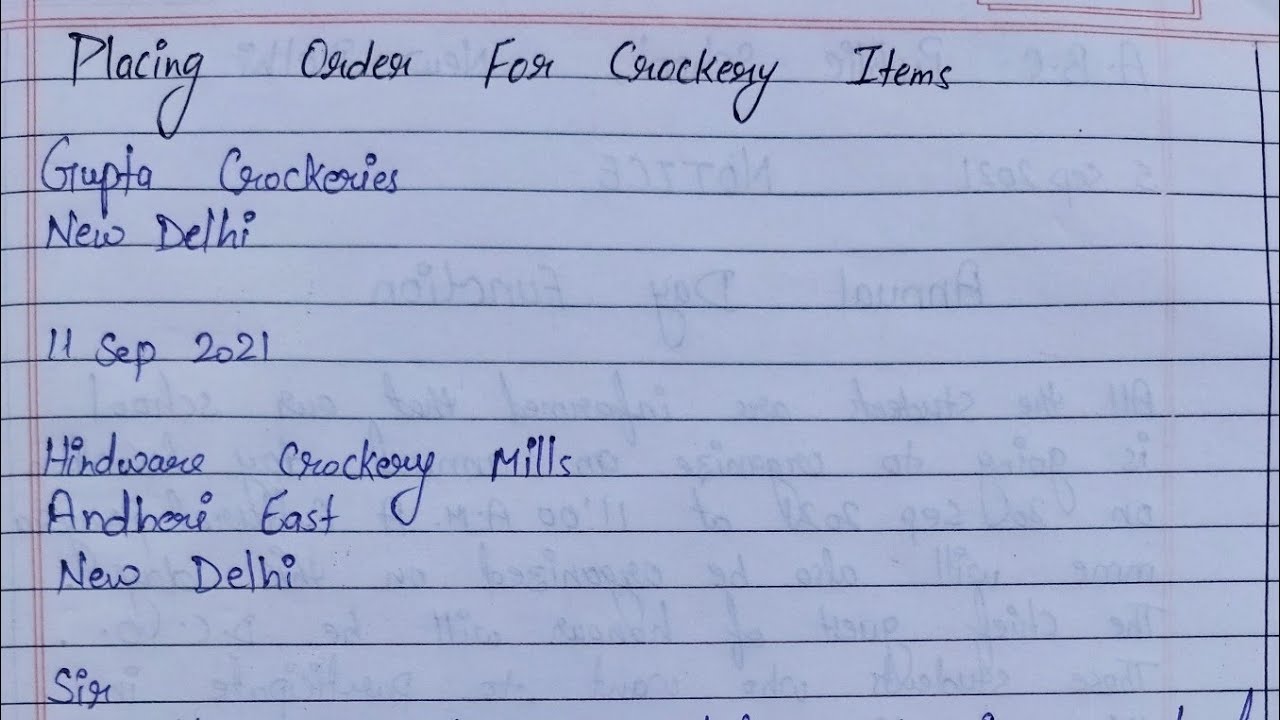 Write Letter To Placing Order For Crockery Items ll Placing Order For Crockery Items