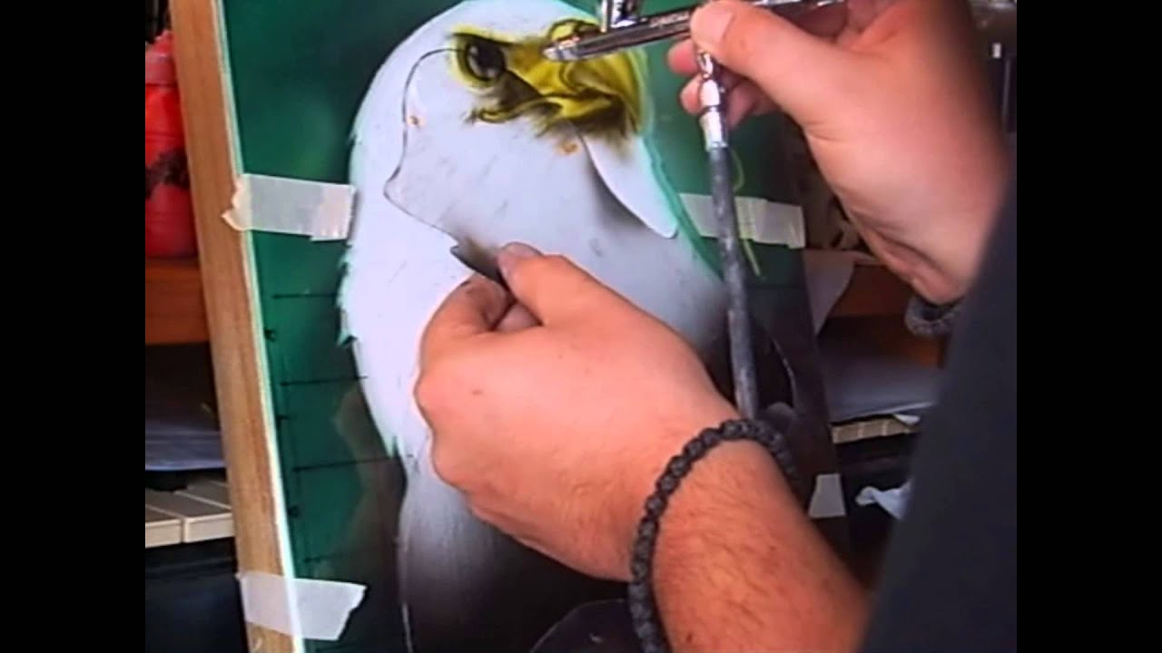 Airbrushing eagle on wood, by Stelios Prinaris