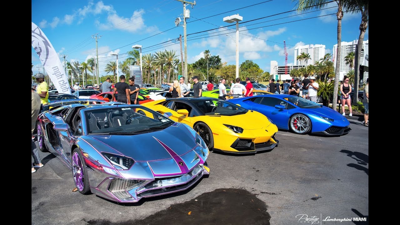 100+Lambos Aventador Huracan Murcielago Arriving to Lamborghini Miami BullFest 2018 Revs Flames FUN