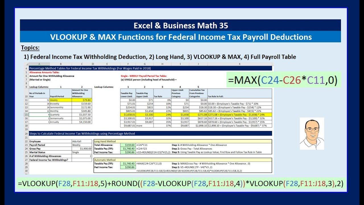 Excel & Business Math 35: VLOOKUP & MAX Functions for Percentage Method Federal Income Tax Deduction