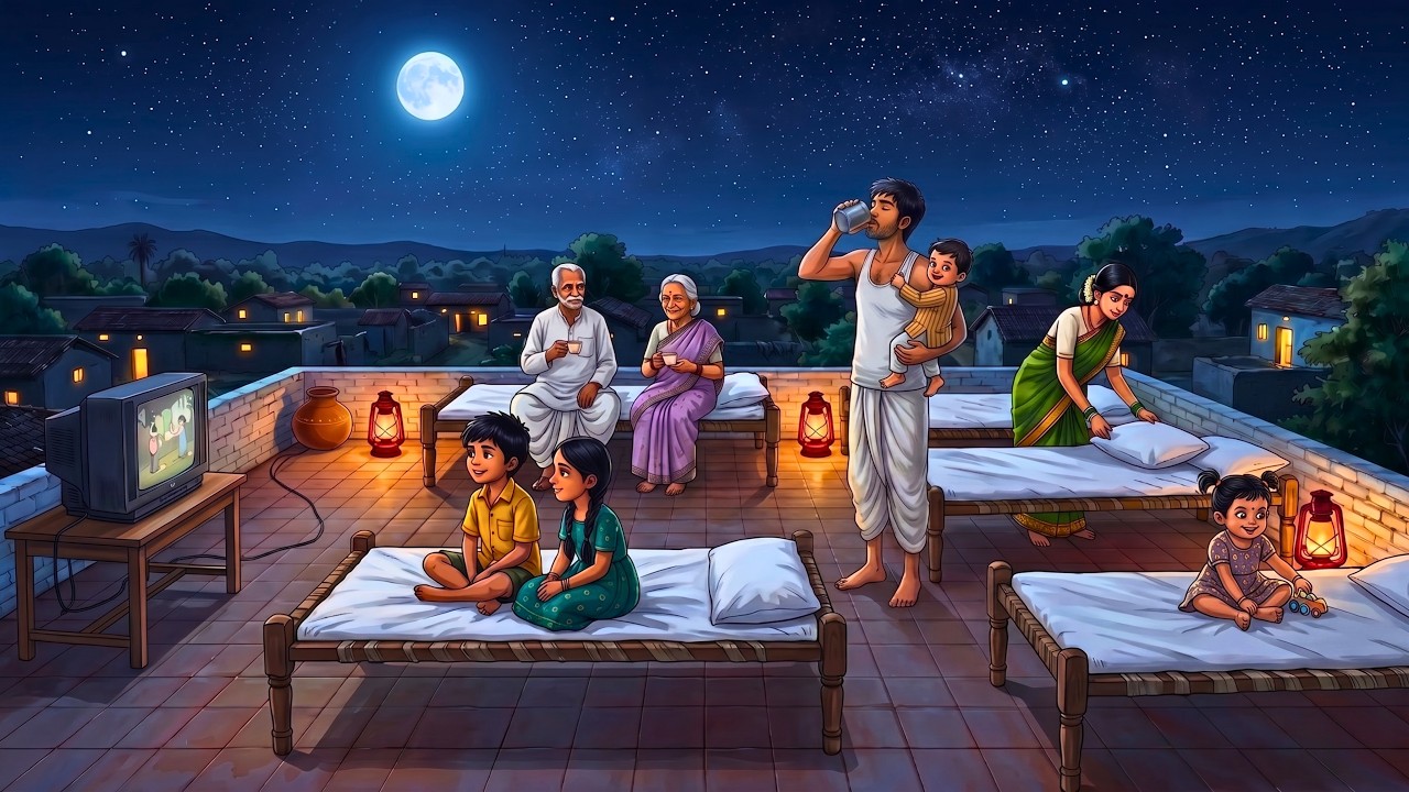 90s Village Rooftop Dinner 🌙 | Garam Roti, Dal Chawal & Quiet Family Night | Cozy Ghibli Style
