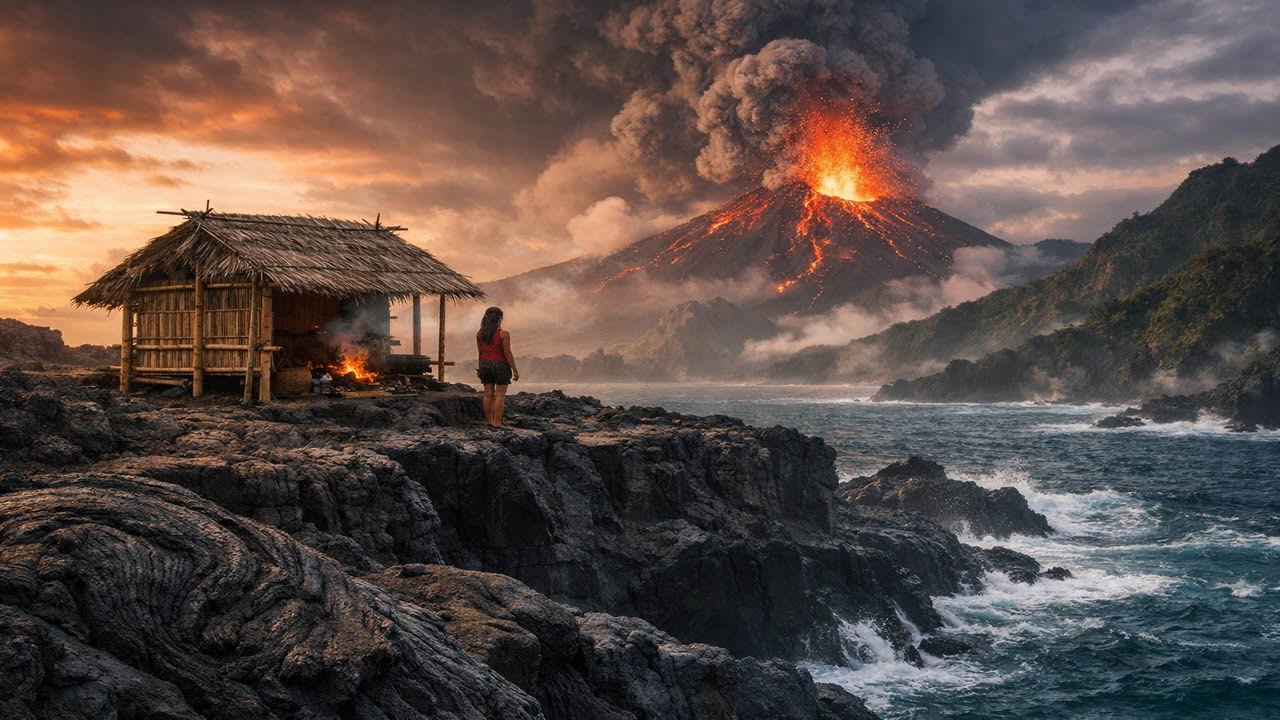 🎥 Cliff Fortress! 😱 Girl Builds Bamboo Hut on Volcano Rock 🌋🎋