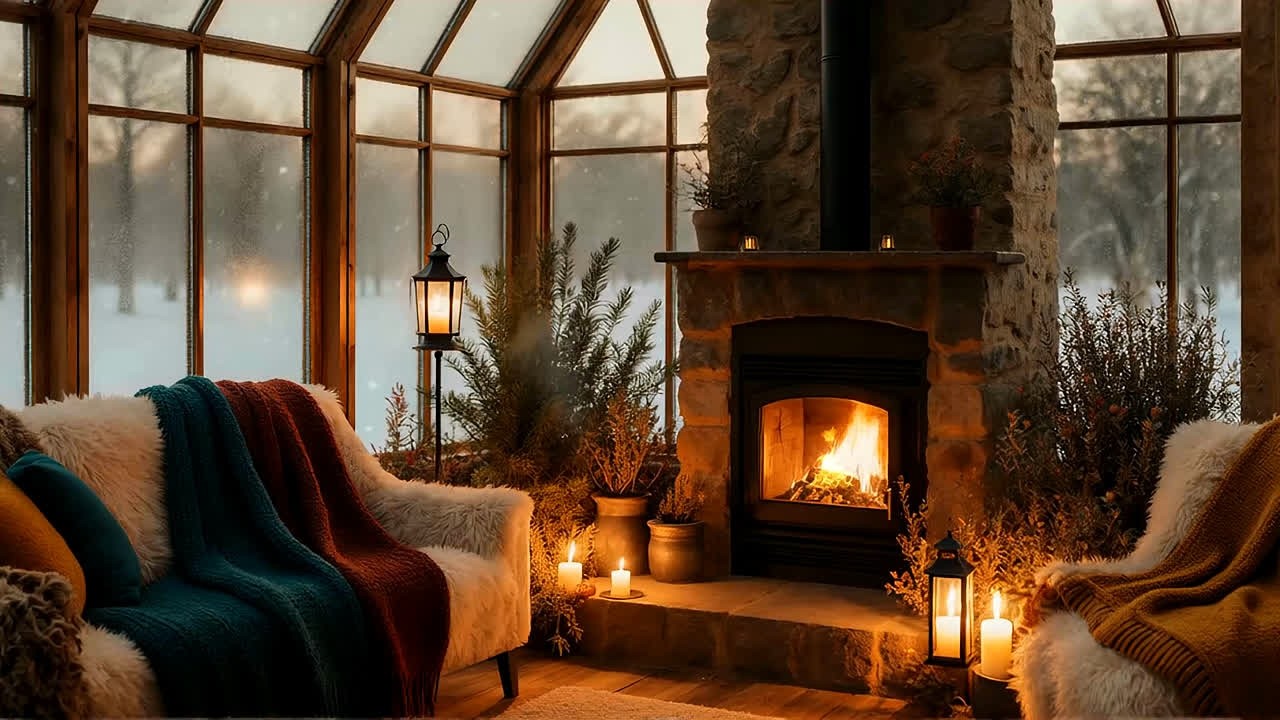 Glasshouse Winter Retreat Ambience - Soft Fireplace Jazz Relax Music for Deep Calm Focus 02