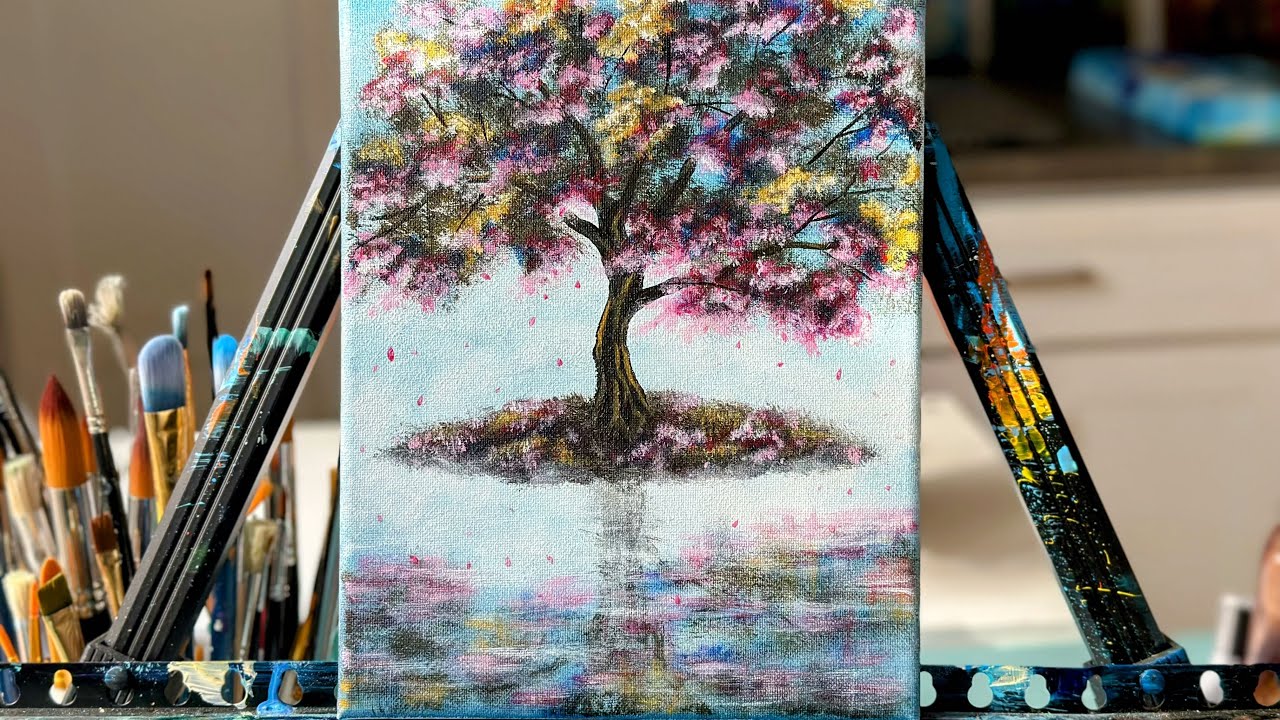 Simple tree painting tutorial / how to paint a tree by the lake / acrylic painting @helloart8