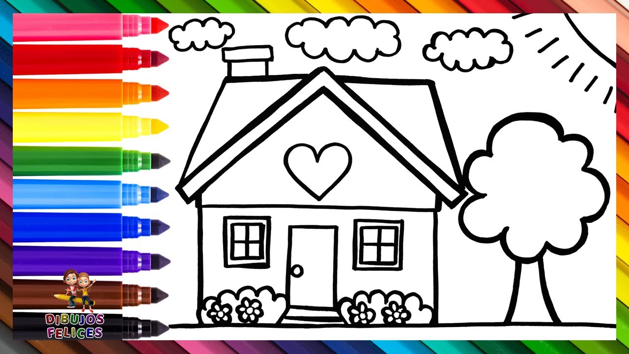 Cómo Dibujar Una Casa 🏡 Dibuja y Colorea Una Casa Con Jardín 🏠🌳☀️☁️🌈 Dibujos Para Niños