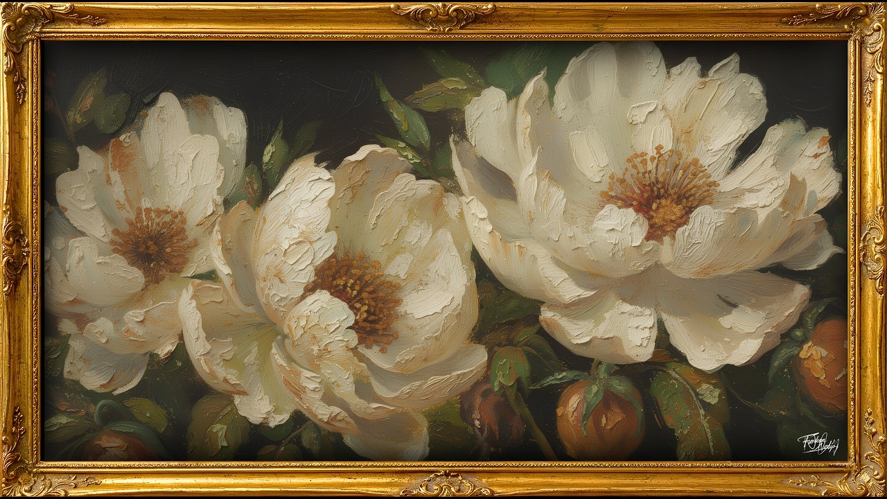 Frame TV Art 4K | White Peonies on Dark Background | Dramatic Floral Oil Painting | 1Hr Loop