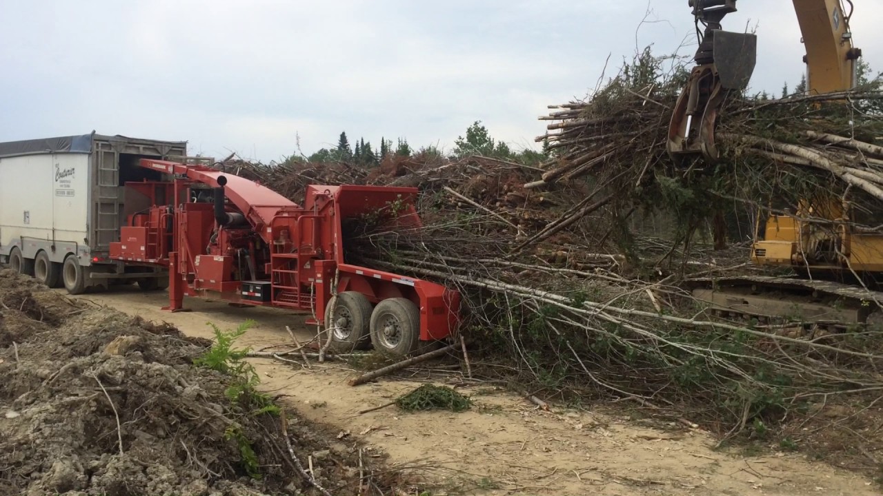 Morbark  model40 36 drum chipper with CAT  765 HP    processing mixed species tree tops with limbs