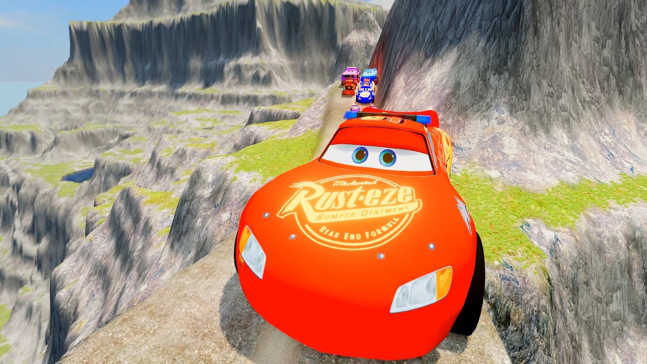 Lightning McQueen vs Extreme Terrain | Realistic Vehicle Crash Simulation vs Giant Lava Pit