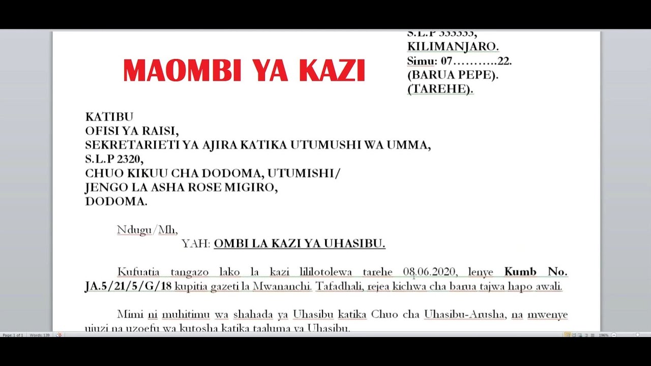BARUA YA KUOMBA KAZI/KIKAZI KWA KISWAHILI