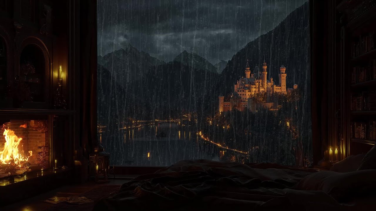 Heavy Rainfall and Rolling Thunder Night | A Cozy Bedroom Ambience with a Crackling Fireplace