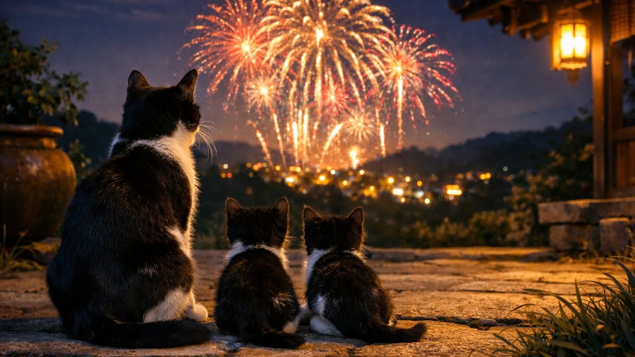 A wonderful New Year's Eve for the kitten and its mother      