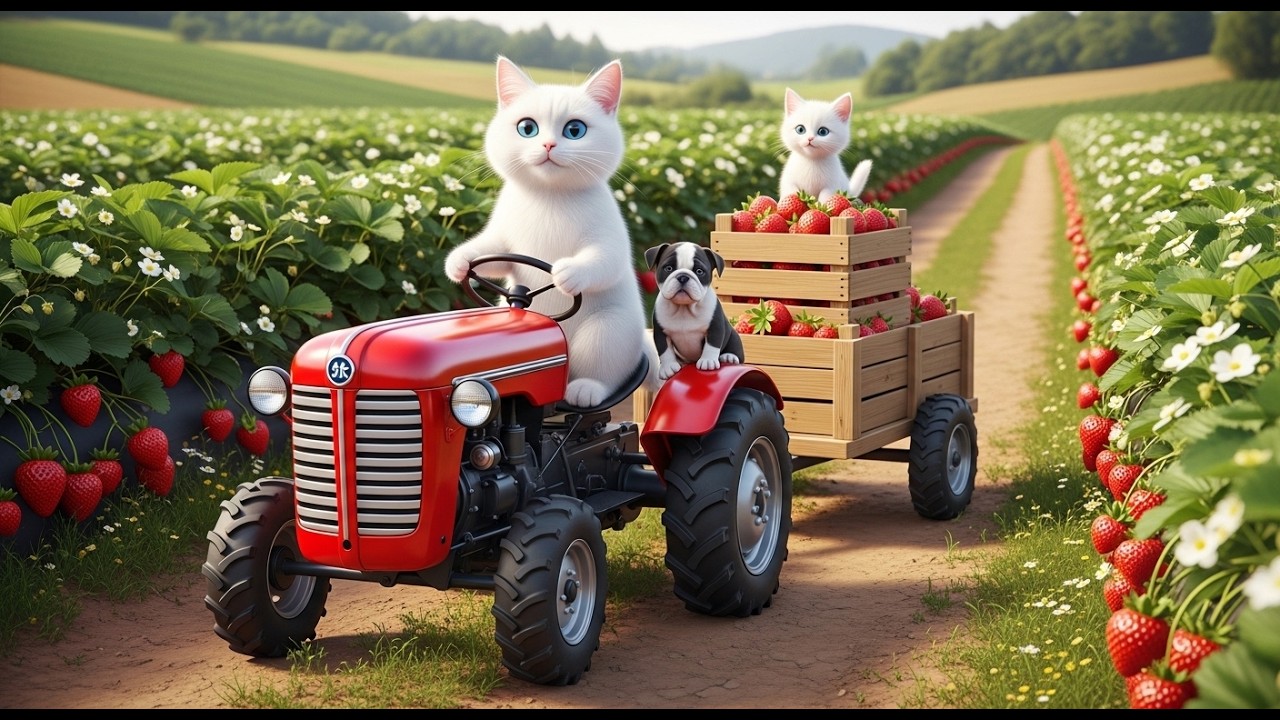 Mama Cat & Her kitten Harvest Fresh Strawberries to Bake Bulldog the Cutest Birthday Cake Ever! 🐾🍰🍓