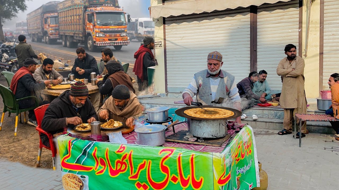 60/- Rs AMAZING DESI STREET FOOD BREAKFAST😍BABA G SAAG ALOO PARATHA-PAKISTANI AUTHENTIC FOOD STREETS