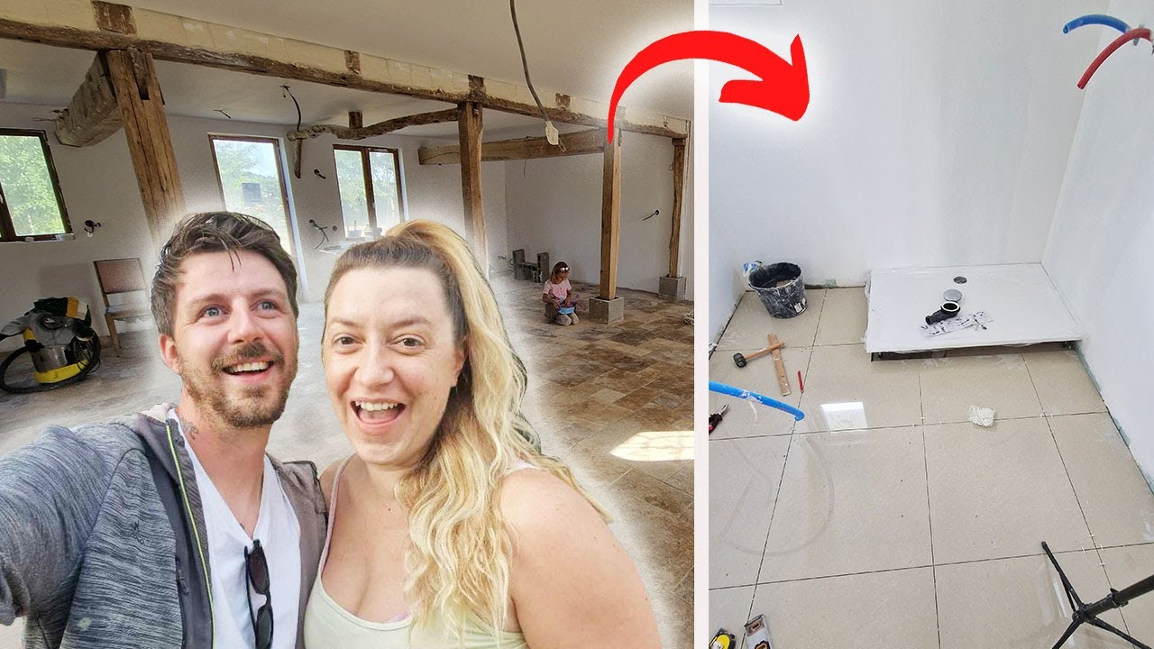On pose le CARRELAGE dans la salle de bains + JOINTS TRAVERTIN ! TRAVAUX RENOVATION MAISON EP 28
