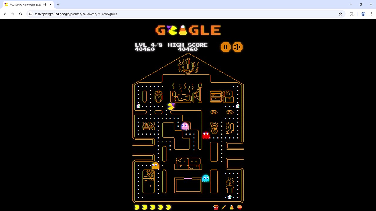 Игра Pac Man на Хэллоуин 2025 года. Ссылка на Google Doodle. Пройдите все уровни и получите все с...