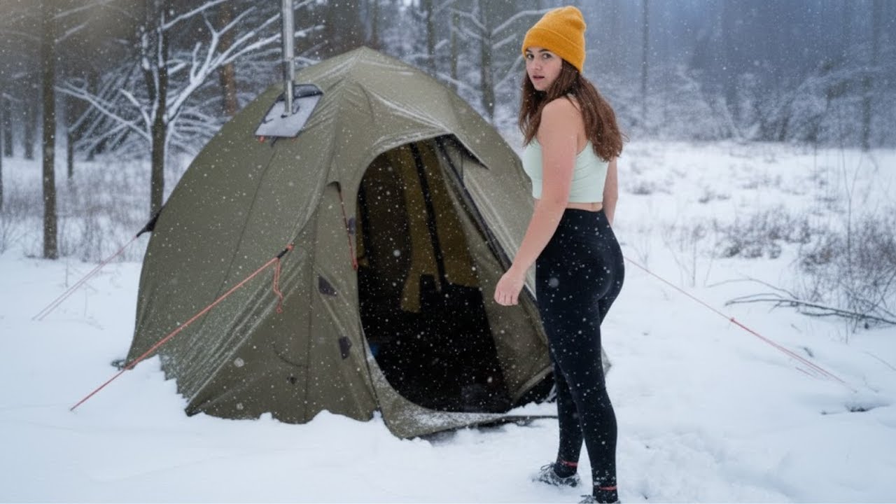 Solo Camping in a Winter Blizzard Night in a Cozy Hot Tent by the Riverside | Natural ASMR
