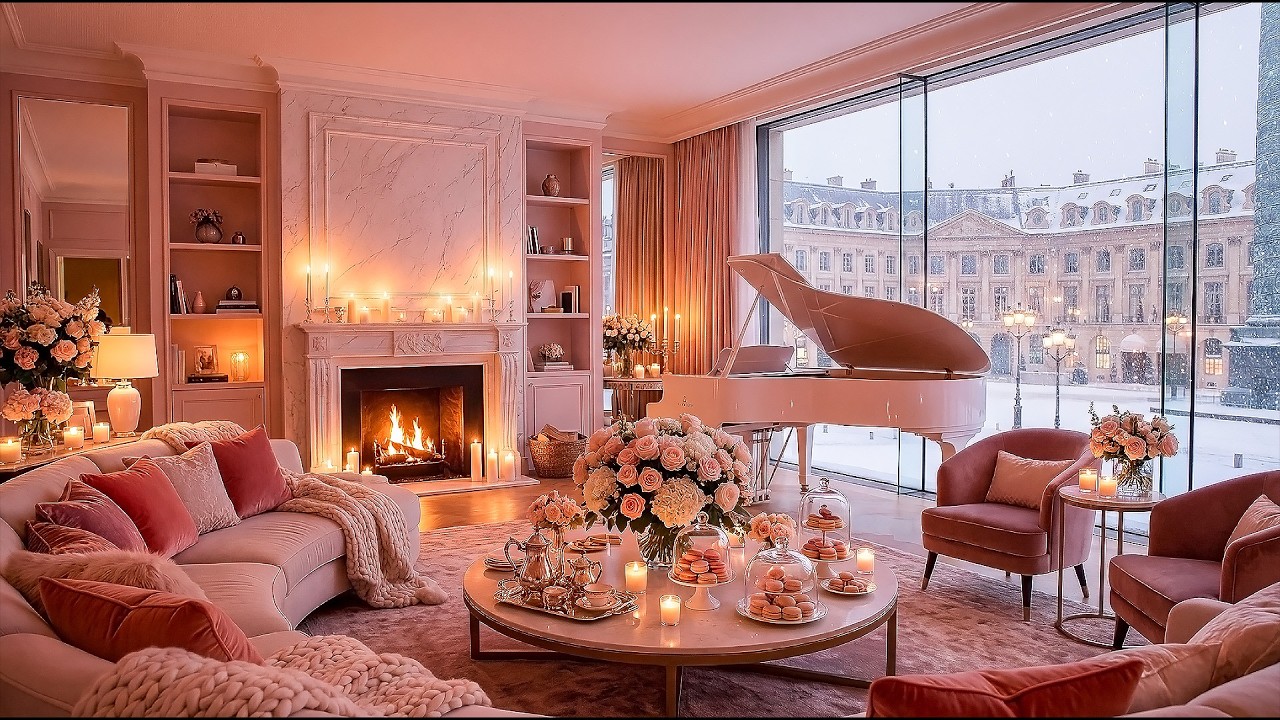 Cozy Snowy Paris (Place Vendôme) 🗼 3 Hours for Relaxing — Soft Jazz Piano & Fireplace