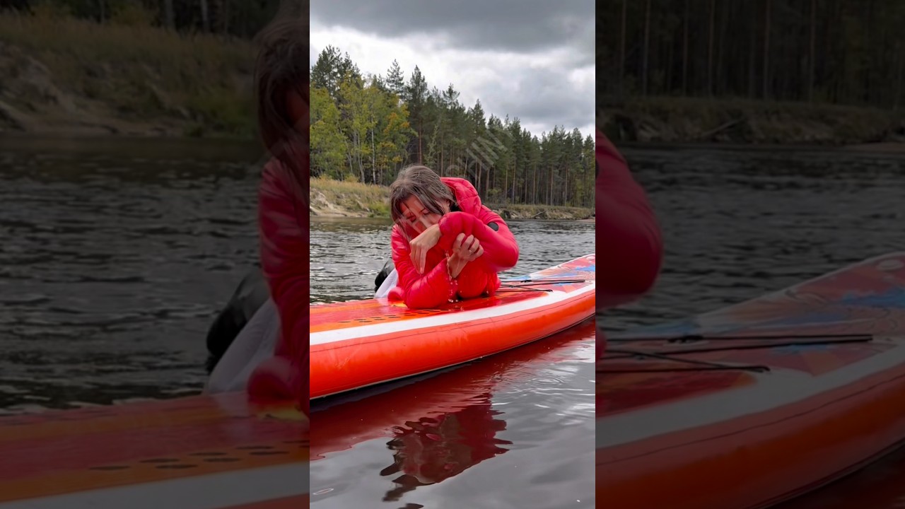 Soaked through in waterproof puffy rain jacket beautiful Girl wetlook swimming fully clothed wet