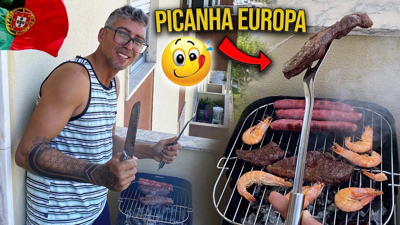 FIZ CHURRASCO NA VARANDA DO NOSSO APARTAMENTO EM PORTUGAL, inaugurando a churrasqueira nova.