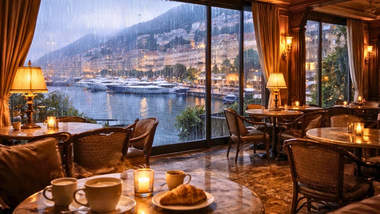 Rainy European Coffee Shop in Monaco | Cozy Harbor Café Ambience, Calm & Focus (4K)