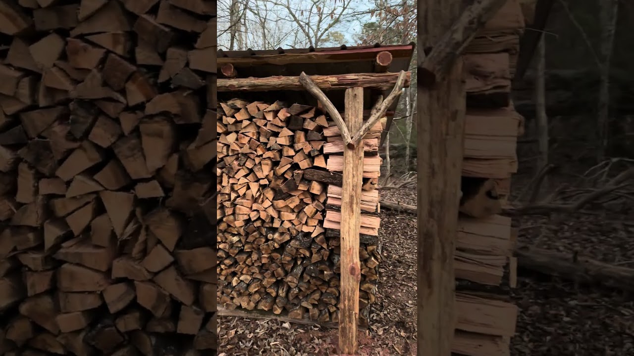 Rustic firewood shed made out of cedar logs and metal roof. #firewood #storage #shed #rustic