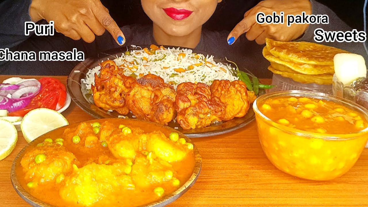 ASMR EATING FRIED RICE, CHANA MASALA, DUM ALOO, PURI, GOBI PAKORA, SWEETS, SALAD