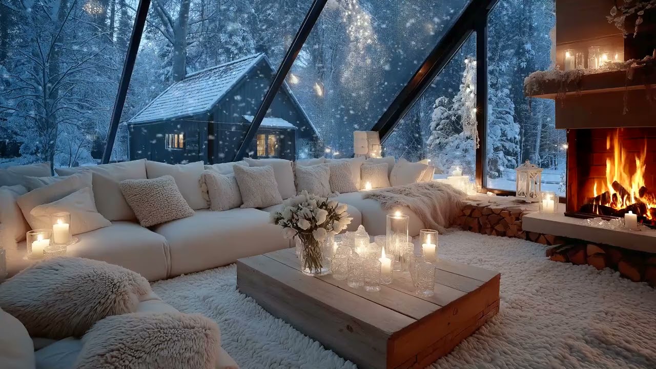 🧣🎹 Winter Snowfall Piano Atmosphere | Elegant White Lounge & Warm Fire | 10 Hours Study Calm Focus