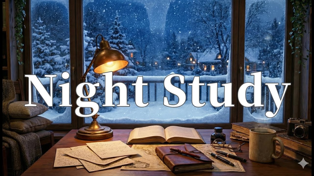 Night Study ❄️ Cozy Winter Study Ambience (3 HOURS) | Snowy Window + Warm Lamp | No Vocals