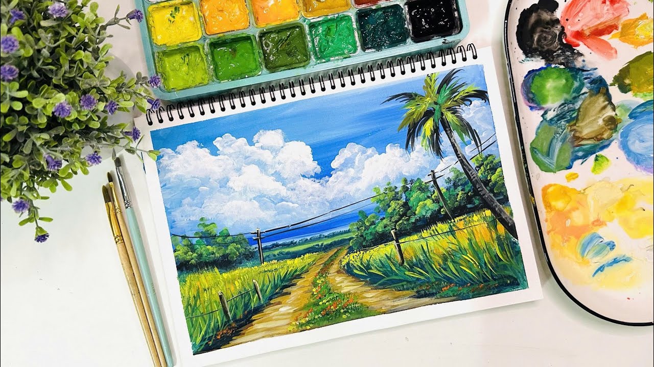 Chillout Art/Gouache painting /How to paint Landscape painting with gouache for beginners P27