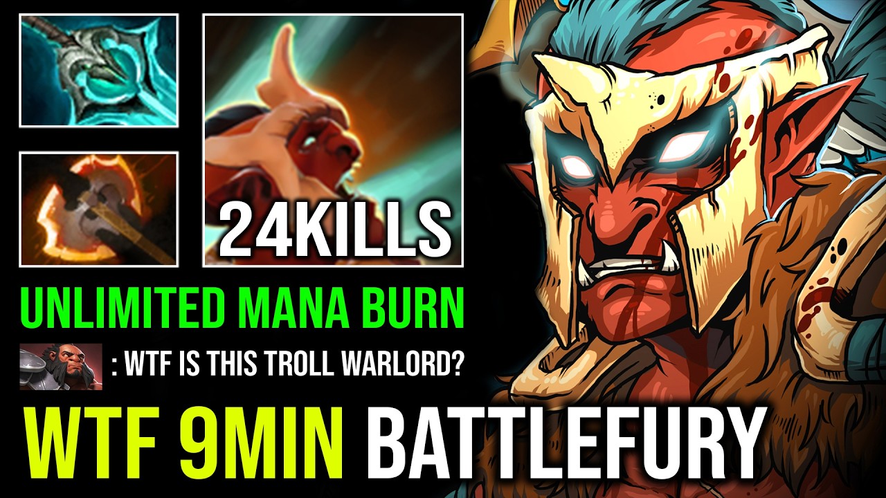 WTF 9MIN BATTLEFURY 100% Unlimited Root Can't Stop Battle Trance Max Speed Troll Warlord Dota 2