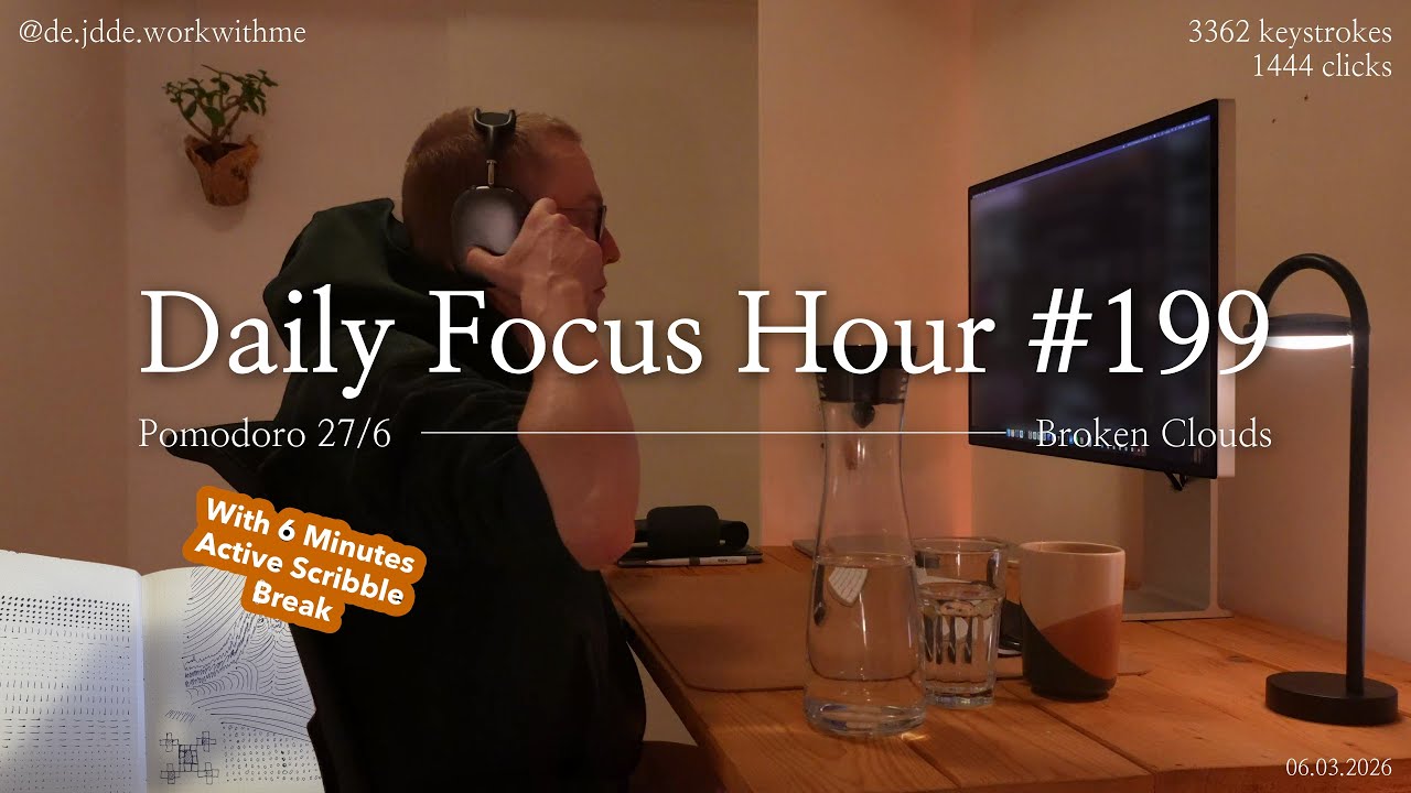 Daily Focus Hour | 2026-03-06T04:58:25 | Work With Me |Pomodoro 27/6| Partly Cloudy⛅ +Typing&Timer