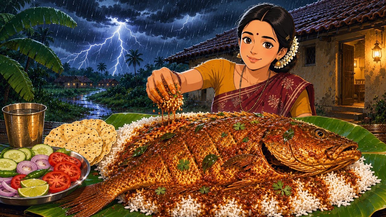 🌧️ 1990s Indian Village Life | Big Fish Curry & Rainy Day Cooking | Ghibli Style 🐟🏡